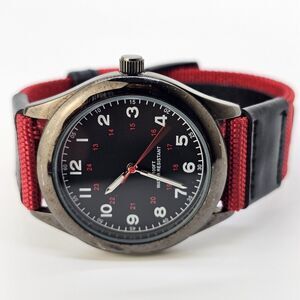 Men's Field Watch 40MM Black Dial Black Red Canvas Leather Bands New Battery
